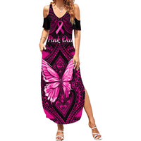 Personalised Pink Out Family Matching Summer Maxi Dress and Hawaiian Shirt Breast Cancer Awareness Polynesian Pattern Black Version LT01 Mom's Dress Black - Polynesian Pride