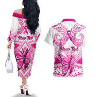 Personalised Pink Out Couples Matching Off The Shoulder Long Sleeve Dress and Hawaiian Shirt Breast Cancer Awareness Polynesian Pattern White Version LT01 - Polynesian Pride