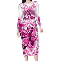 Personalised Pink Out Family Matching Long Sleeve Bodycon Dress and Hawaiian Shirt Breast Cancer Awareness Polynesian Pattern White Version LT01 Mom's Dress White - Polynesian Pride