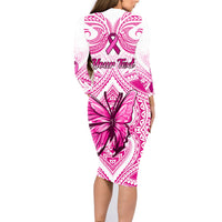Personalised Pink Out Family Matching Long Sleeve Bodycon Dress and Hawaiian Shirt Breast Cancer Awareness Polynesian Pattern White Version LT01 - Polynesian Pride