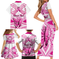 Personalised Pink Out Family Matching Short Sleeve Bodycon Dress and Hawaiian Shirt Breast Cancer Awareness Polynesian Pattern White Version LT01 - Polynesian Pride
