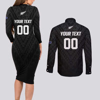 Custom Football New Zealand Couples Matching Long Sleeve Bodycon Dress and Long Sleeve Button Shirt Aotearoa United Black Version LT01 - Polynesian Pride