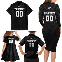 Custom Football New Zealand Family Matching Long Sleeve Bodycon Dress and Hawaiian Shirt Aotearoa United Black Version LT01 - Polynesian Pride