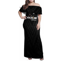 Custom Football New Zealand Family Matching Off Shoulder Maxi Dress and Hawaiian Shirt Aotearoa United Black Version LT01 Mom's Dress Black - Polynesian Pride
