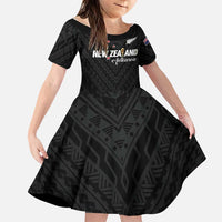 Custom Football New Zealand Family Matching Puletasi and Hawaiian Shirt Aotearoa United Black Version LT01 Daughter's Dress Black - Polynesian Pride