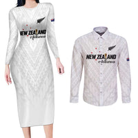 Custom Football New Zealand Couples Matching Long Sleeve Bodycon Dress and Long Sleeve Button Shirt Aotearoa United White Version LT01 White - Polynesian Pride