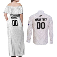 Custom Football New Zealand Couples Matching Off Shoulder Maxi Dress and Long Sleeve Button Shirt Aotearoa United White Version LT01 - Polynesian Pride