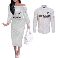 Custom Football New Zealand Couples Matching Off The Shoulder Long Sleeve Dress and Long Sleeve Button Shirt Aotearoa United White Version LT01 White - Polynesian Pride