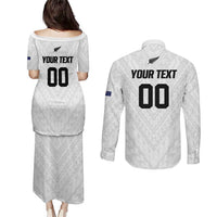 Custom Football New Zealand Couples Matching Puletasi and Long Sleeve Button Shirt Aotearoa United White Version LT01 - Polynesian Pride