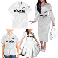 Custom Football New Zealand Family Matching Off The Shoulder Long Sleeve Dress and Hawaiian Shirt Aotearoa United White Version LT01 - Polynesian Pride