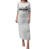 Custom Football New Zealand Family Matching Puletasi and Hawaiian Shirt Aotearoa United White Version LT01 Mom's Dress White - Polynesian Pride