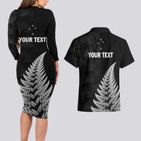 Personalised New Zealand 2025 Archery Couples Matching Long Sleeve Bodycon Dress and Hawaiian Shirt Aotearoa Silver Arrows Black LT01 - Polynesian Pride
