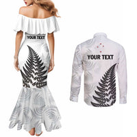 Personalised New Zealand 2025 Archery Couples Matching Mermaid Dress and Long Sleeve Button Shirt Aotearoa Silver Arrows White LT01 - Polynesian Pride