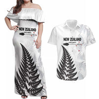 Personalised New Zealand 2025 Archery Couples Matching Off Shoulder Maxi Dress and Hawaiian Shirt Aotearoa Silver Arrows White LT01 White - Polynesian Pride