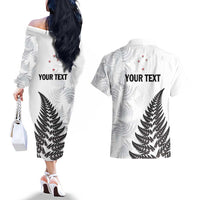 Personalised New Zealand 2025 Archery Couples Matching Off The Shoulder Long Sleeve Dress and Hawaiian Shirt Aotearoa Silver Arrows White LT01 - Polynesian Pride