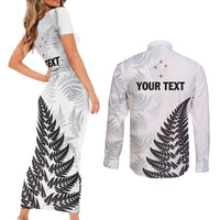 Personalised New Zealand 2025 Archery Couples Matching Short Sleeve Bodycon Dress and Long Sleeve Button Shirt Aotearoa Silver Arrows White LT01 - Polynesian Pride