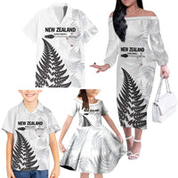Personalised New Zealand 2025 Archery Family Matching Off The Shoulder Long Sleeve Dress and Hawaiian Shirt Aotearoa Silver Arrows White LT01 - Polynesian Pride