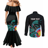 Personalised New Zealand Archery Couples Matching Mermaid Dress and Long Sleeve Button Shirt Turquoise Maori Silver Fern LT01 - Polynesian Pride