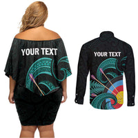 Personalised New Zealand Archery Couples Matching Off Shoulder Short Dress and Long Sleeve Button Shirt Turquoise Maori Silver Fern LT01 - Polynesian Pride