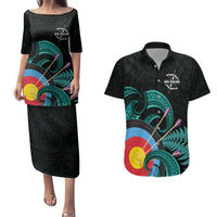 Personalised New Zealand Archery Couples Matching Puletasi and Hawaiian Shirt Turquoise Maori Silver Fern LT01 Turquoise - Polynesian Pride