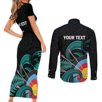 Personalised New Zealand Archery Couples Matching Short Sleeve Bodycon Dress and Long Sleeve Button Shirt Turquoise Maori Silver Fern LT01 - Polynesian Pride