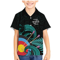 Personalised New Zealand Archery Family Matching Mermaid Dress and Hawaiian Shirt Turquoise Maori Silver Fern LT01 Son's Shirt Turquoise - Polynesian Pride