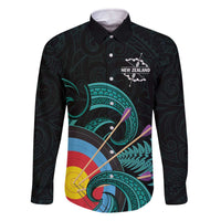 Personalised New Zealand Archery Family Matching Off The Shoulder Long Sleeve Dress and Hawaiian Shirt Turquoise Maori Silver Fern LT01 Dad's Shirt - Long Sleeve Turquoise - Polynesian Pride