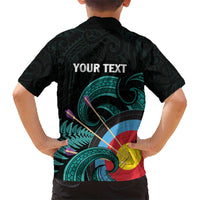 Personalised New Zealand Archery Kid Hawaiian Shirt Turquoise Maori Silver Fern