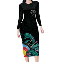 Personalised New Zealand Archery Long Sleeve Bodycon Dress Turquoise Maori Silver Fern LT01 Long Dress Turquoise - Polynesian Pride