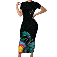Personalised New Zealand Archery Short Sleeve Bodycon Dress Turquoise Maori Silver Fern LT01 Long Dress Turquoise - Polynesian Pride