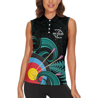 Personalised New Zealand Archery Women Sleeveless Polo Shirt Turquoise Maori Silver Fern LT01 - Polynesian Pride