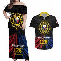Personalized Philippines Independence Day Couples Matching Off Shoulder Maxi Dress and Hawaiian Shirt Filipino 126th Anniversary Sun Tattoo LT01 Black - Polynesian Pride