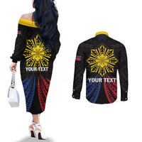 Personalized Philippines Independence Day Couples Matching Off The Shoulder Long Sleeve Dress and Long Sleeve Button Shirt Filipino 126th Anniversary Sun Tattoo LT01 - Polynesian Pride