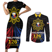 Personalized Philippines Independence Day Couples Matching Short Sleeve Bodycon Dress and Long Sleeve Button Shirt Filipino 126th Anniversary Sun Tattoo LT01 Black - Polynesian Pride