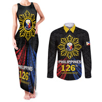 Personalized Philippines Independence Day Couples Matching Tank Maxi Dress and Long Sleeve Button Shirt Filipino 126th Anniversary Sun Tattoo LT01 Black - Polynesian Pride