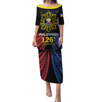 Personalized Philippines Independence Day Family Matching Puletasi and Hawaiian Shirt Filipino 126th Anniversary Sun Tattoo LT01 Mom's Dress Black - Polynesian Pride