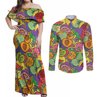 Hawaii Fruits Hippie Style Couples Matching Off Shoulder Maxi Dress and Long Sleeve Button Shirt Vibrant Colorful LT01 Multicolor - Polynesian Pride