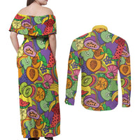 Hawaii Fruits Hippie Style Couples Matching Off Shoulder Maxi Dress and Long Sleeve Button Shirt Vibrant Colorful LT01 - Polynesian Pride