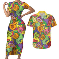 Hawaii Fruits Hippie Style Couples Matching Short Sleeve Bodycon Dress and Hawaiian Shirt Vibrant Colorful LT01 Multicolor - Polynesian Pride