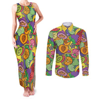 Hawaii Fruits Hippie Style Couples Matching Tank Maxi Dress and Long Sleeve Button Shirt Vibrant Colorful LT01 Multicolor - Polynesian Pride