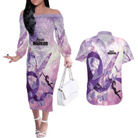 Personalized Polynesian Lupus Awareness Couples Matching Off The Shoulder Long Sleeve Dress and Hawaiian Shirt Butterfly Hologram Lupus Warrior LT01 Purple - Polynesian Pride