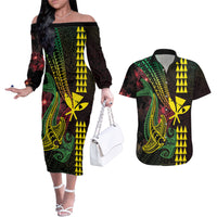 Hawaii Kakau Hammerhead Shark Couples Matching Off The Shoulder Long Sleeve Dress and Hawaiian Shirt Neon Plumeria Pattern