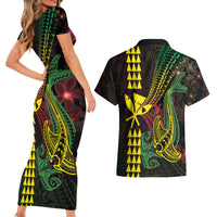 Hawaii Kakau Hammerhead Shark Couples Matching Short Sleeve Bodycon Dress and Hawaiian Shirt Neon Plumeria Pattern LT01 - Polynesian Pride