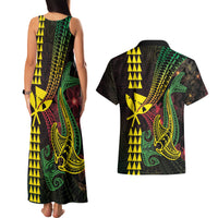 Hawaii Kakau Hammerhead Shark Couples Matching Tank Maxi Dress and Hawaiian Shirt Neon Plumeria Pattern