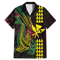 Hawaii Kakau Hammerhead Shark Family Matching Mermaid Dress and Hawaiian Shirt Neon Plumeria Pattern LT01 Dad's Shirt - Short Sleeve Black - Polynesian Pride