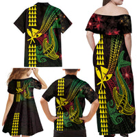 Hawaii Kakau Hammerhead Shark Family Matching Off Shoulder Maxi Dress and Hawaiian Shirt Neon Plumeria Pattern LT01 - Polynesian Pride