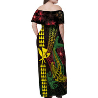 Hawaii Kakau Hammerhead Shark Family Matching Off Shoulder Maxi Dress and Hawaiian Shirt Neon Plumeria Pattern LT01 - Polynesian Pride