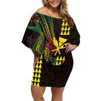 Hawaii Kakau Hammerhead Shark Family Matching Off Shoulder Short Dress and Hawaiian Shirt Neon Plumeria Pattern