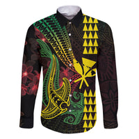 Hawaii Kakau Hammerhead Shark Family Matching Puletasi and Hawaiian Shirt Neon Plumeria Pattern LT01 Dad's Shirt - Long Sleeve Black - Polynesian Pride