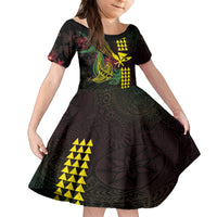 Hawaii Kakau Hammerhead Shark Kid Short Sleeve Dress Neon Plumeria Pattern